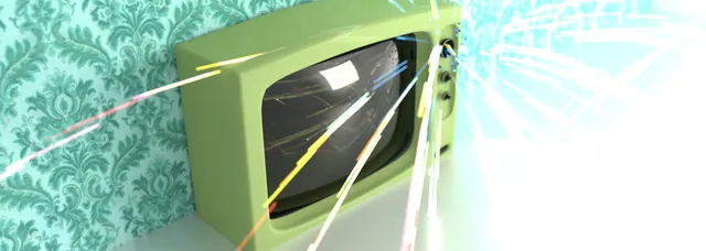 A mint television emits a burst of light against patterned wallpaper.