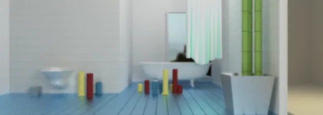 A bathroom scene exploring pale materials, blue light, reflections, and an impossible floating bath.