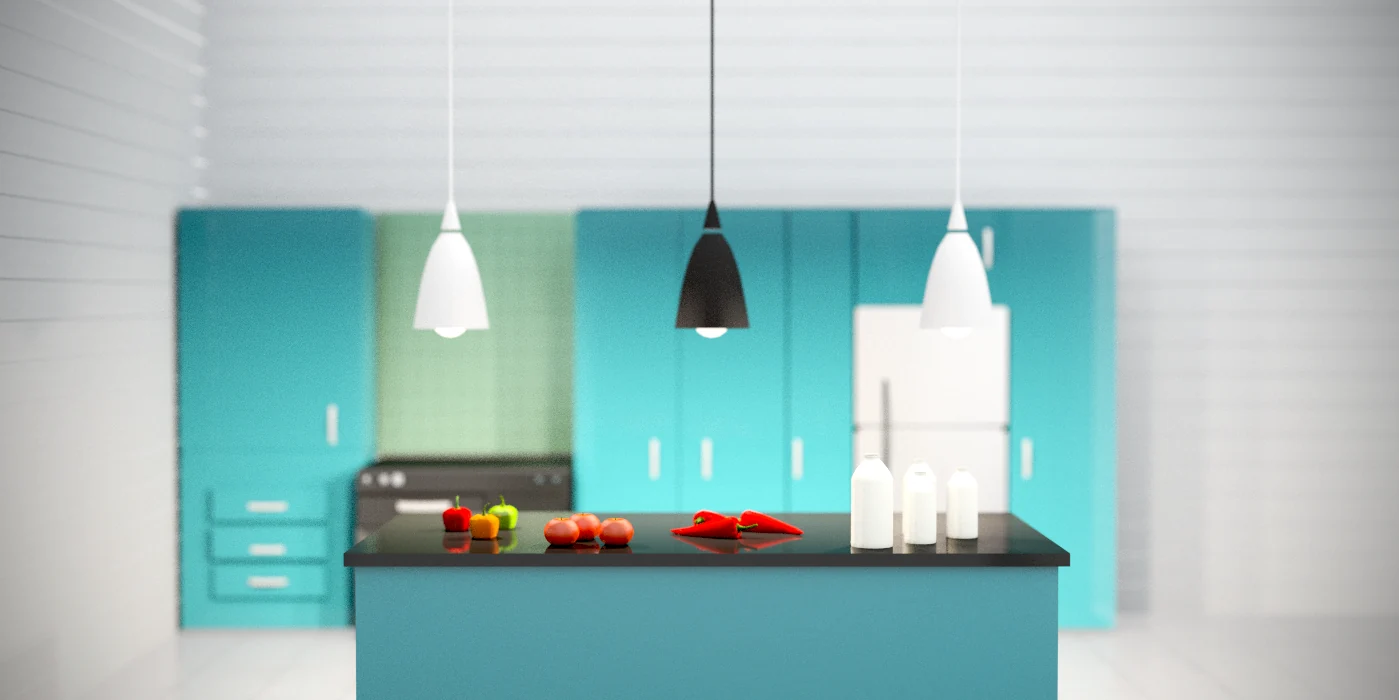 Fruit and bottles on a counter in a mint colored kitchen.
