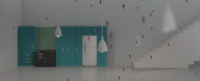 A kitchen scene with suspended peppers and a staircase.