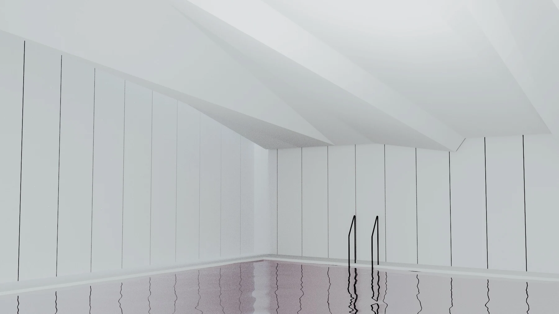 A quiet indoor pool with white wall panels and black rails reflected in pale water.