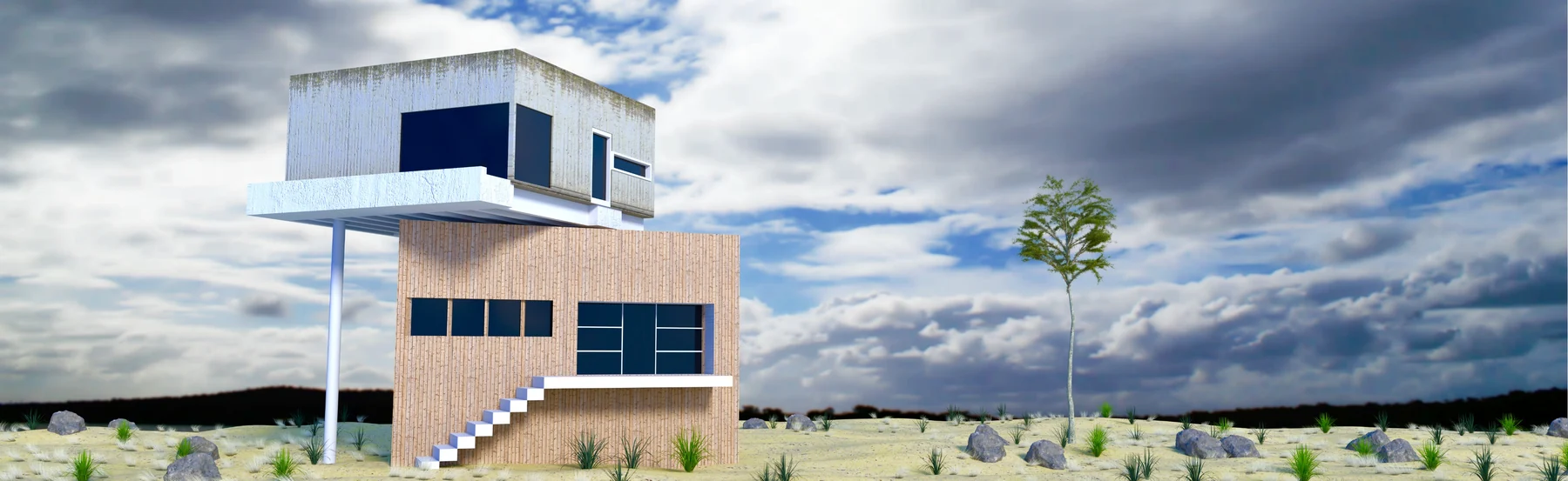 Stacked timber and concrete volumes, exposed stairs, and a solitary tree.