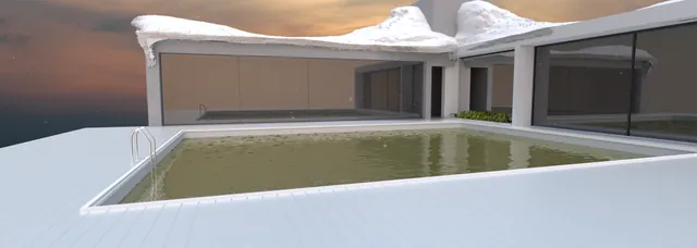 A pool courtyard, reflective glazing, and snow covered roofs at dusk.