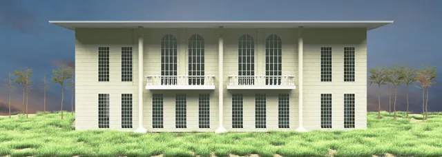 A symmetrical villa study with tall arched windows and slender columns.