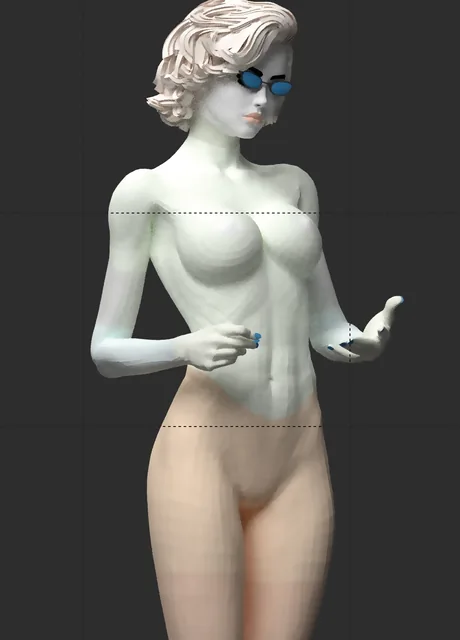 A stylized 3D figure with sculpted pale hair, blue sunglasses, and blue fingernails, shown in a process screenshot.