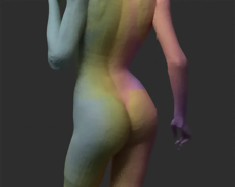 A 3D figure viewed from behind, with blue, green, yellow, pink, and purple light moving across the body.