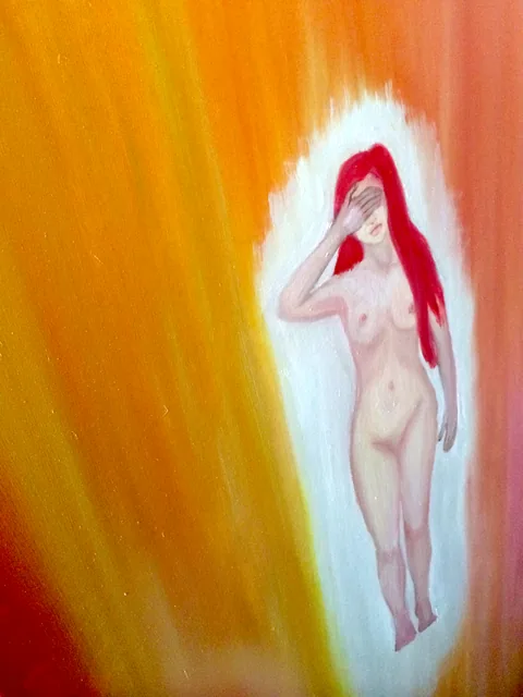 A red haired figure covering her eyes, painted inside a pale glow on an orange ground.