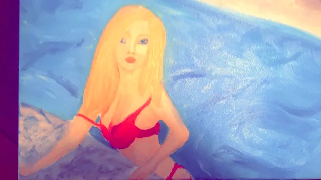 A blonde figure in a red swimsuit against blue and violet.