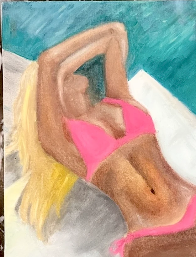 A blonde figure in a pink bikini lying back against turquoise and white.