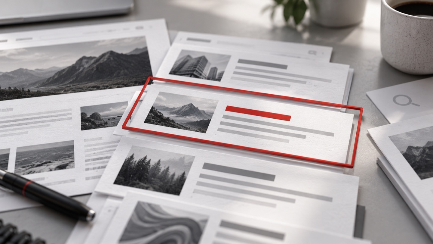 Printed web page concepts with one search result highlighted in red