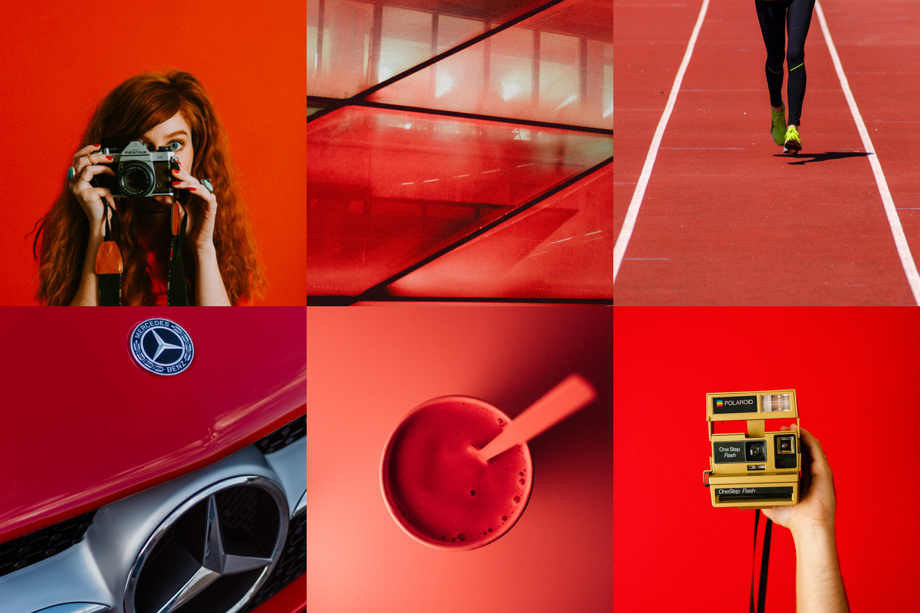 Red collage of photography, design, sport, and product imagery