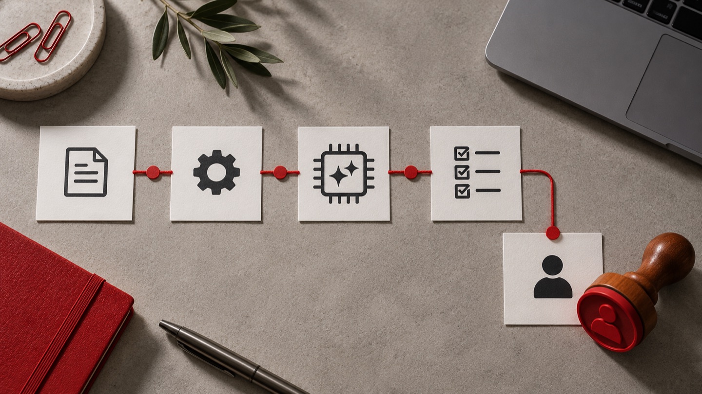 A process map connecting documents, software, a checklist, and human review